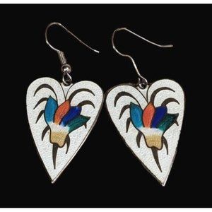 Cloisonne Earrings Heart Shaped White Enamel Dangle Pierced Silver Tone Feather